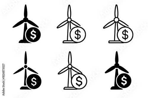 Renewable Energy Icons. renewable energy credits. Icon set. Set Logo of renewable energy credits: wind turbine and coin. harmonious logo variations of the same
