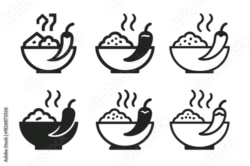 Curry Icon Logo Set. Cooking a chicken curry with a side of basmati rice. Icon set. Set Logo of cooking a chicken curry with a side of basmati rice: curry bowl