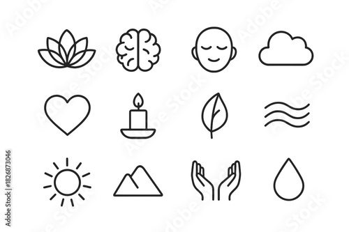 Mindfulness Icon Set. Achieving mental clarity and mindfulness. Line icon set of achieving mental clarity and mindfulness: lotus flower, brain, calm face,
