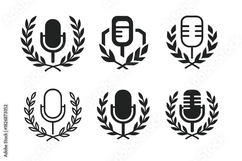 Public Speaking Emblems. Public speaking classes and debate competitions. Icon set. Set Logo of Public speaking classes and debate competitions: laurel wreath