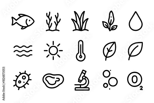 Aquatic Ecosystem Icons. Aquatic ecosystem balance. Line icon set of aquatic ecosystem balance: fish, algae, water plant, droplet, wave, sun, thermometer,