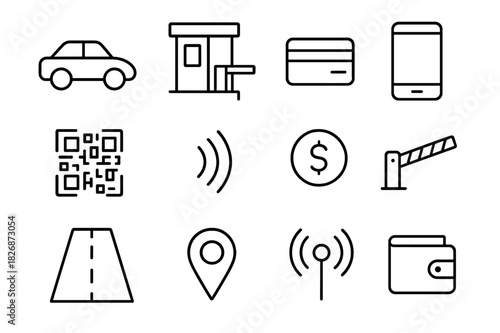 Urban Mobility Icons. Urban mobility payment. Line icon set of urban mobility payment: car, toll booth, credit card, phone, QR code, NFC wave, coin, barrier,