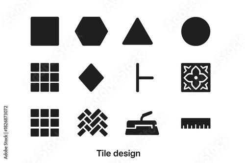 Tile Design Icons. Tile design. Solid icon set of Tile design: square tile, hexagon tile, triangle tile, circle tile, mosaic tile, diamond tile, grout line,