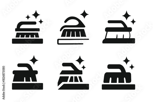 Kitchen Cleaning Icons. Tidying up the kitchen counters. Icon set. Set Logo of Tidying up the kitchen counters: scrub brush. harmonious logo variations of the