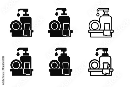 Kitchen Icons Grid. Tidying up the kitchen counters. Icon set. Set Logo of Tidying up the kitchen counters: soap dispenser. harmonious logo variations of the