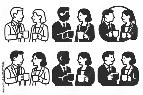 Candid Leadership Icons. Candid shots of managers in everyday work settings. Icon set. Set Logo of candid leadership: coffee break chat. harmonious logo