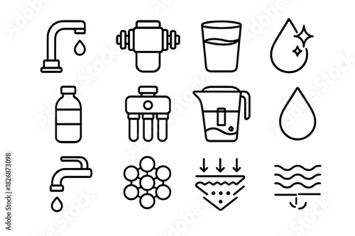Filtered Water Icons. Filtered water. Line icon set of filtered water: faucet, filter, glass, droplet, bottle, purifier, pitcher, clean icon, tap, carbon,