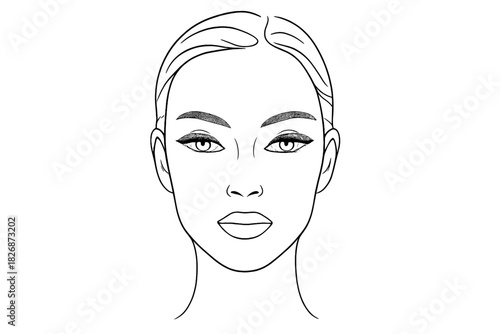 Detailed woman's face template for cosmetic design practice with eyeliner and eyebrows