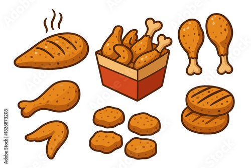 Crispy fried chicken assortment with drumsticks, wings, nuggets, fillets, and takeout bucket