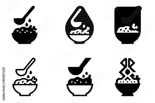 Chicken Curry Logos. Cooking a chicken curry with a side of basmati rice. Icon set. Set Logo of cooking a chicken curry with a side of basmati rice: ladle
