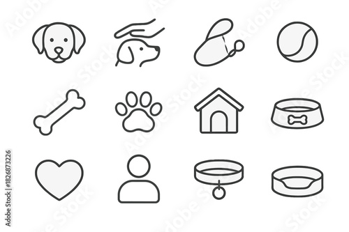 Dog Companionship Icons. Dog companionship. Line icon set of dog companionship: dog, hand petting, leash, ball, bone, paw print, house, food bowl, heart,