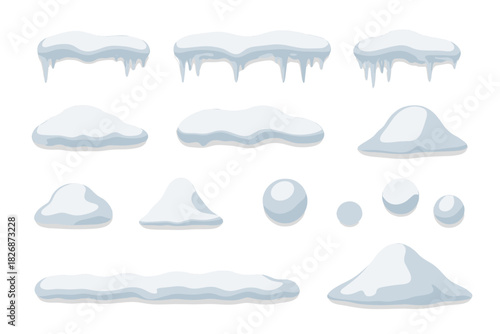 Realistic winter snow caps, drifts, piles, and snowballs isolated on white background