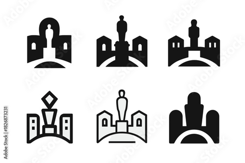 Town Square Icon Variations. town square. Icon set. Set Logo of town square: statue centerpiece icon. harmonious logo variations of the same emblematic