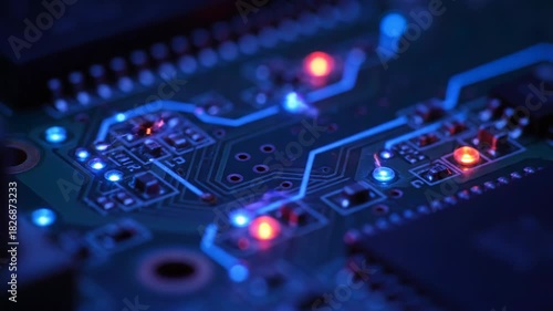 A macro shot showcases a circuit board with glowing blue and red lights highlighting intricate pathways and components