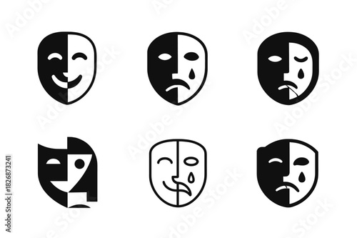 Journalism Ethics Icons. Journalism ethics and bias. Icon set. Set Logo of journalism ethics and bias: half-mask of truth and half-mask of distortion forming a
