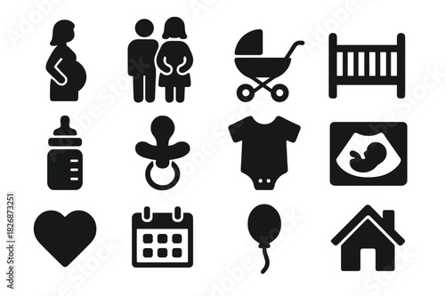 Expecting Parents Icons. Expecting parents. Solid icon set of Expecting parents: pregnant mother, father, baby stroller, crib, baby bottle, pacifier, onesie,