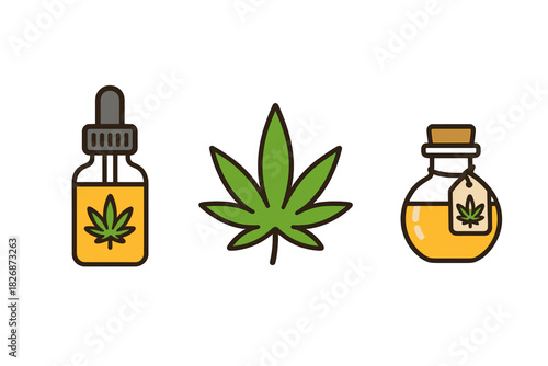 Cannabis leaf, CBD oil dropper bottle, and hemp extract jar for wellness and medicine