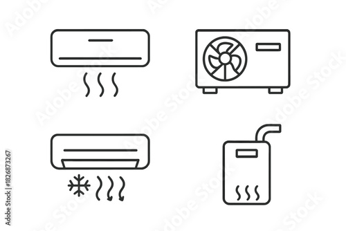 Air conditioning and heating system components outline icons for modern climate control technology