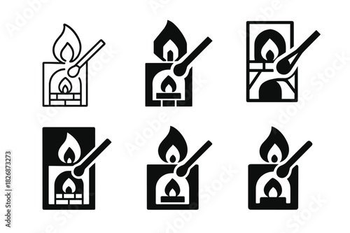 Fireplace Logo Variations. Lighting the fireplace. Icon set. Set Logo of Lighting the fireplace: match striking on box. harmonious logo variations of the same