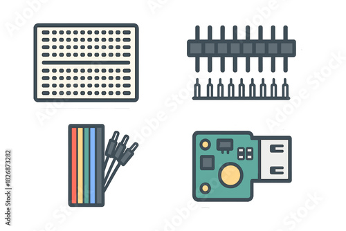 Set of electronic components breadboard header pins jumper wires and circuit board module