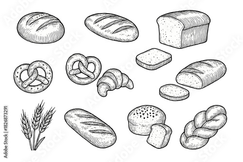 Various baked goods and bread types in vintage engraving style on white background