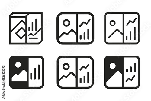 Image Analysis Logos. Image analysis software. Icon set. Set Logo of image analysis software: split screen showing image and analytical data overlay.