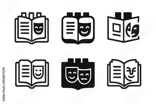Theater Logo Variations. Theater rehearsal scene. Icon set. Set Logo of Theater rehearsal scene: prompt book with tabs. harmonious logo variations of the same