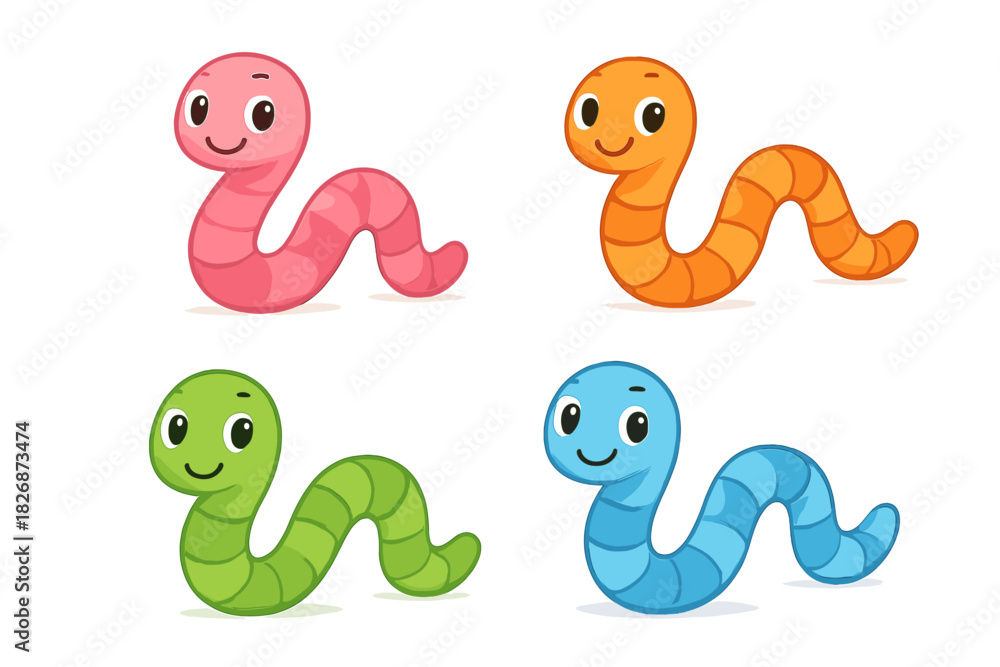 Obraz premium Set of cute smiling cartoon earthworms in pink orange green and blue colors