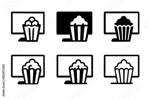 Popcorn and TV Logos. Watching Your Favorite TV Show or Movie with Popcorn. Icon set. Set Logo of entertainment vibes: minimal screen and popcorn icon.