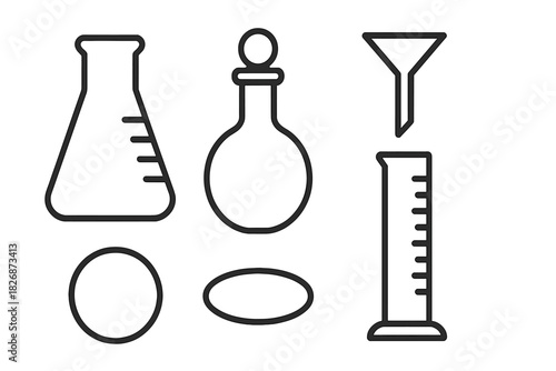 Minimalist set of chemistry laboratory equipment featuring flasks, cylinder, and funnel