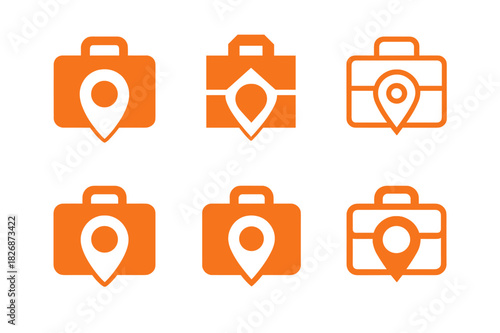 Work Anywhere Icons. work from anywhere. Icon set. Set Logo of work from anywhere: briefcase with location pin. harmonious logo variations of the
