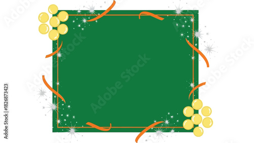 Festive Green Border with Yellow Orbs and Orange Swirls - Holiday or Celebration Background