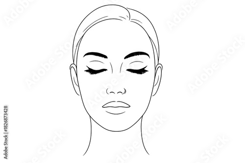 Minimalist black line drawing of a woman's face with closed eyes and long lashes