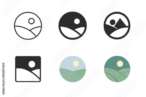 Expanse Logo Variations. expanse. Icon set. Set Logo of expanse: wide open landscape. harmonious logo variations of the same emblematic concept, each with