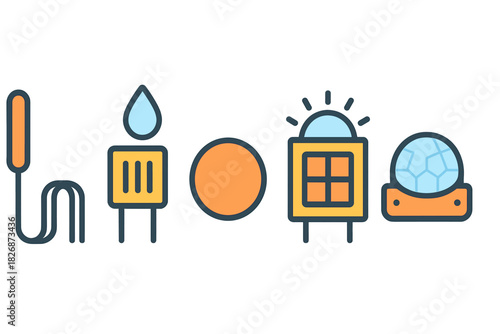Abstract scientific and technological symbols featuring sensors monitoring stations and geodesic domes