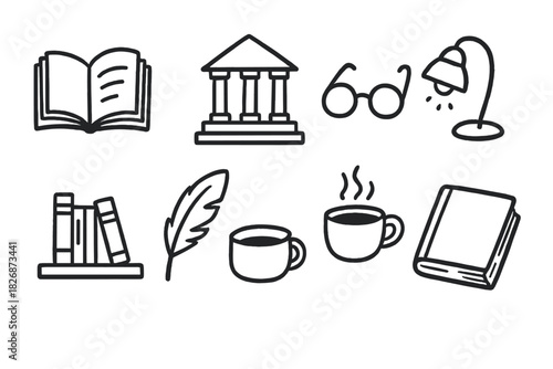 Black and white symbols set for learning, literature, and intellectual pursuits