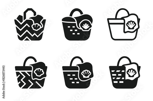 Beach Bag Logo Variations. Packing a beach bag. Icon set. Set Logo of packing a beach bag: woven basket with towel and seashell. harmonious logo variations of