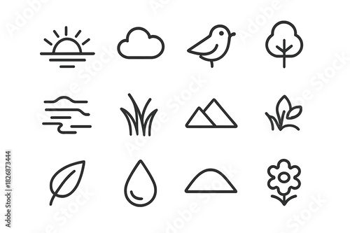 Dawn Nature Icons. Nature at dawn. Line icon set of nature at dawn: sun rising, cloud, bird, tree, mist, grass, mountain, river, leaf, dew drop, hill, flower.
