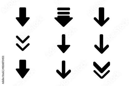 Set of nine different download and scroll arrow symbols for web and mobile application interfaces