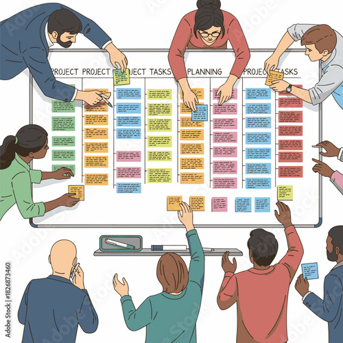 Diverse team collaborating to organize project tasks on a whiteboard during a planning meeting