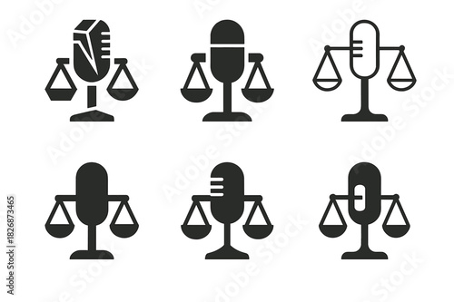 Journalism Ethics Icons. Journalism ethics and bias. Icon set. Set Logo of journalism ethics and bias: microphone with balanced scales integrated into its