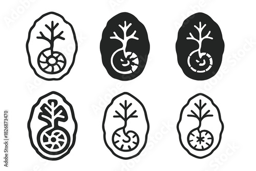 Cosmic Fossil Icons. The Search for Ancient Extraterrestrial Life. Icon set. Set Logo of cosmic fossil: petrified organism from another world. harmonious logo