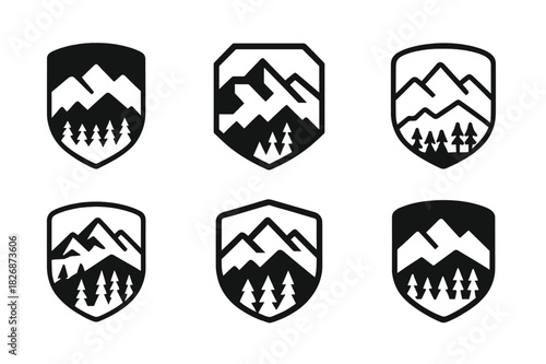 National Park Logos. visiting national parks and protected areas. Icon set. Set Logo of visiting national parks and protected areas: panoramic mountain view.