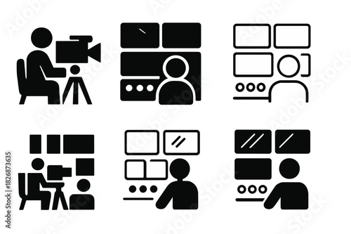 TV Control Room Icons. TV control room and technicians. Icon set. Set Logo of TV control room and technicians: camera operator. harmonious logo variations of