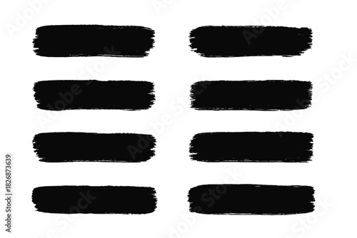 Set of eight black horizontal dry brush strokes with rough edges isolated on a white background