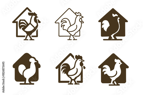Chicken Coop Icons. Chicken Coop. Icon set. Set Logo of Chicken Coop: rooster. harmonious logo variations of the same emblematic concept, each with different