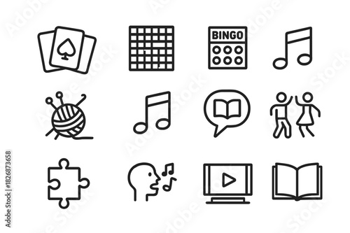 Leisure Icon Set. Leisure and entertainment. Line icon set of Leisure and entertainment: card game, chess board, bingo, painting easel, knitting, music note,