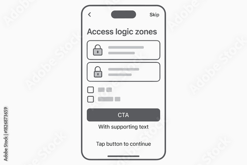 Mobile application access logic zones and security features with call to action button