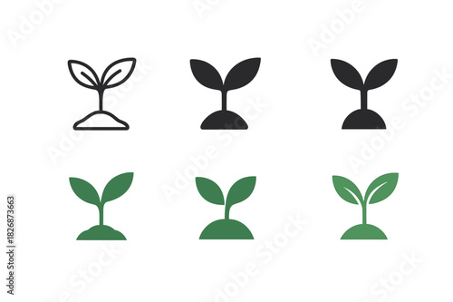 Botanical Logo Variations. Plant nursery. Icon set. Set Logo of botanical growth: young sprouting plant. harmonious logo variations of the same emblematic