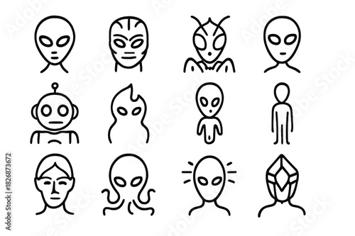 Alien Icon Collection. Alien species. Line icon set of alien species: grey alien, reptilian, insectoid, blue humanoid, robot alien, energy being, small alien,